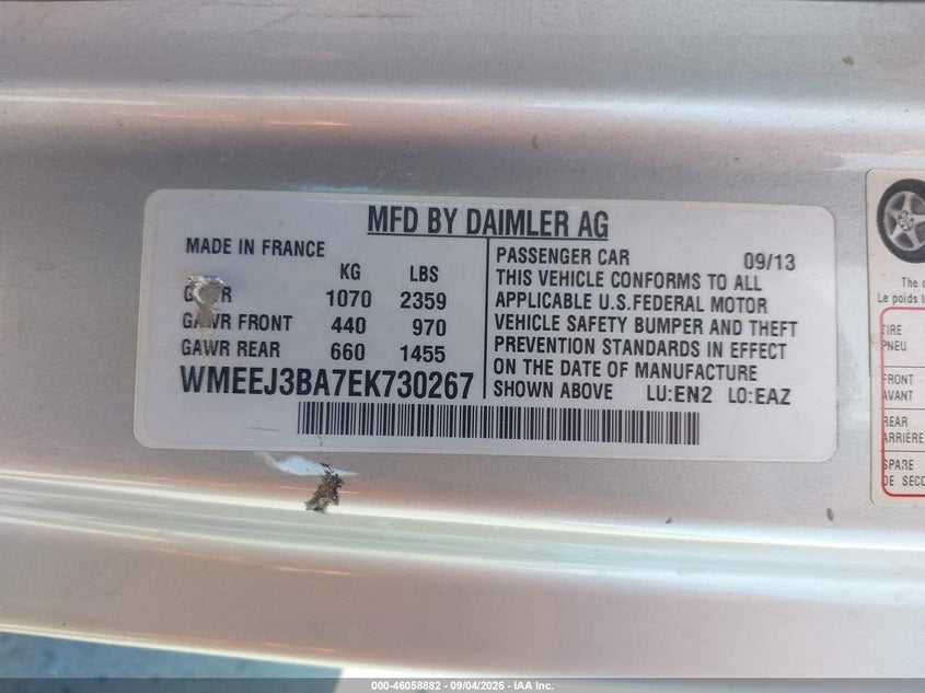 2014 Smart Fortwo VIN WMEEJ3BA7EK730267 IAAI salvage auction — NORMAL WEAR, Clear - Dealer Only (California), sold $675 on 2026-09-22 (photo 9)
