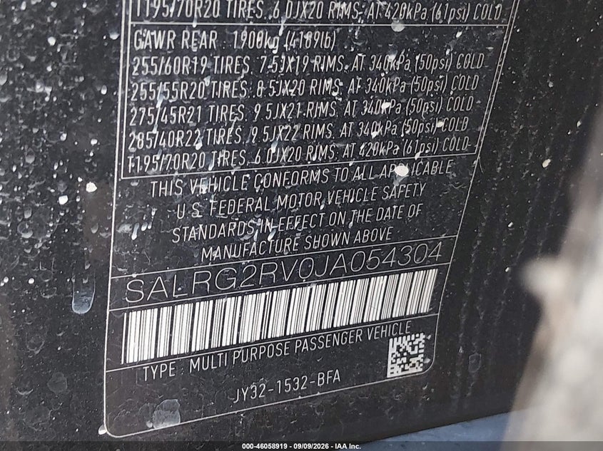 2018 Land rover Discovery VIN SALRG2RV0JA054304 IAAI salvage auction — NORMAL WEAR, Original (Texas), sold $4,925 on 2026-10-07 (photo 9)