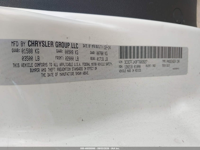 2015 Fiat 500 VIN 3C3CFFJH3FT603527 IAAI salvage auction — NORMAL WEAR, Salvage Title, sold $475 on 2026-10-18 (photo 9)