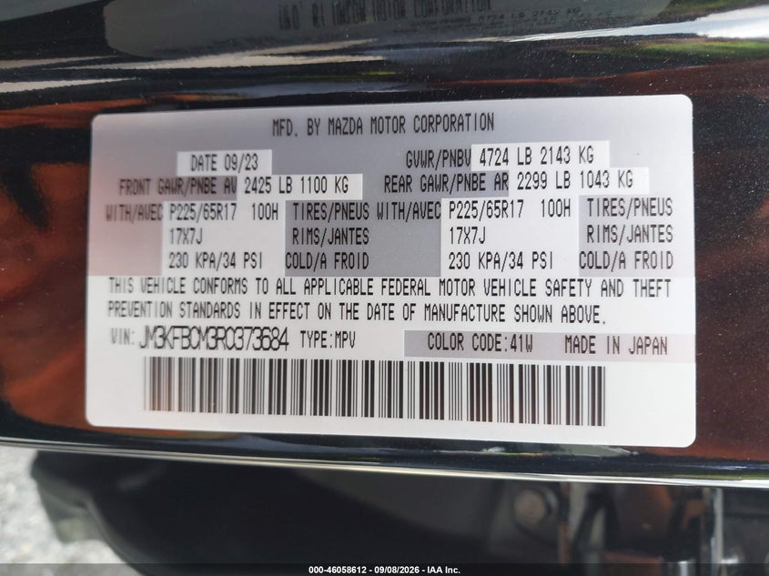 2024 Mazda Cx-5 VIN JM3KFBCM3R0373684 IAAI salvage auction — RIGHT FRONT, Salvage (California), sold $9,000 on 2026-09-27 (photo 9)