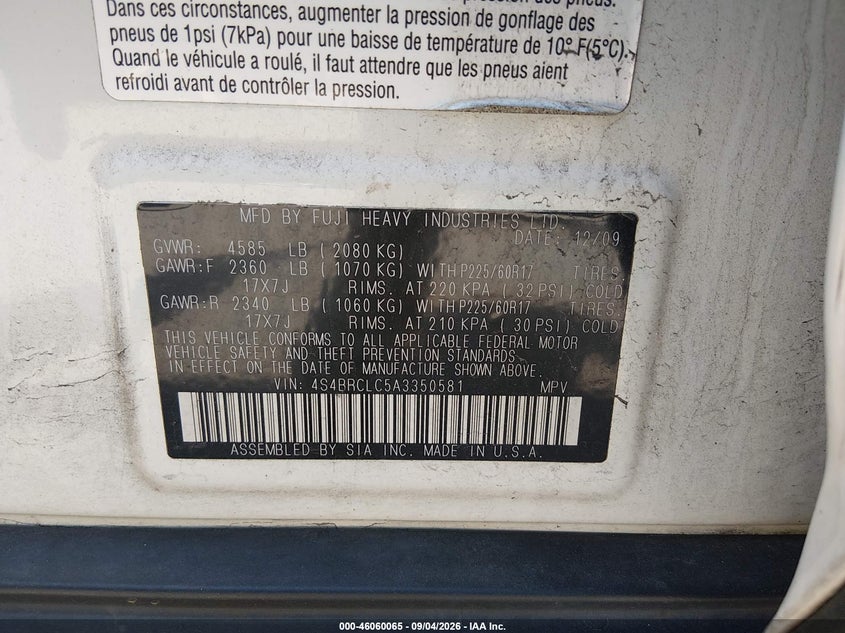 2010 Subaru Outback VIN 4S4BRCLC5A3350581 IAAI salvage auction — NORMAL WEAR, Clear (Maryland), sold $0 on 2026-09-15 (photo 9)