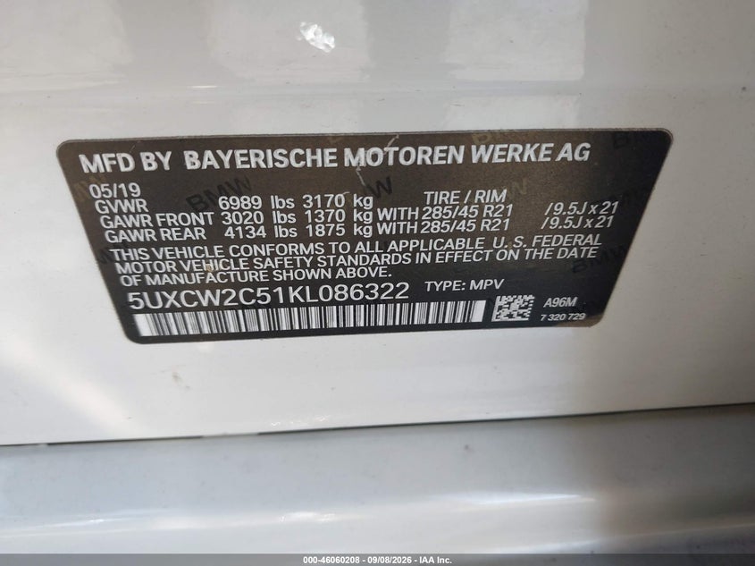 2019 BMW X7 VIN 5UXCW2C51KL086322 IAAI salvage auction — FRONT & REAR, Wait Title, sold $12,400 on 2026-10-09 (photo 9)