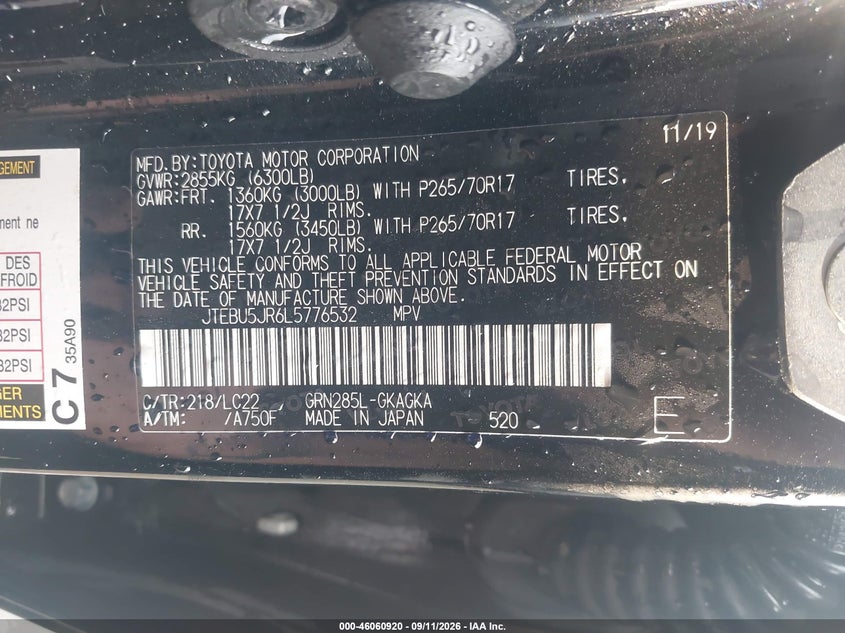 2020 Toyota 4runner VIN JTEBU5JR6L5776532 IAAI salvage auction — FRONT END, Wait Title, sold $9,700 on 2026-10-16 (photo 9)