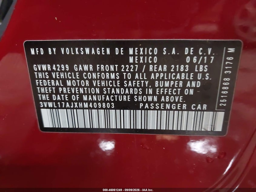 2017 Volkswagen Jetta VIN 3VWL17AJXHM409803 IAAI salvage auction — FRONT END, Wait Title, sold $2,750 on 2026-09-27 (photo 9)