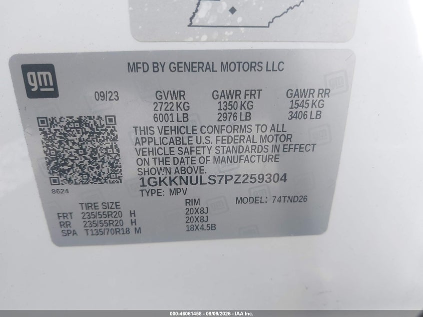 2023 Gmc Acadia VIN 1GKKNULS7PZ259304 IAAI salvage auction — FRONT END, Wait Title, sold $8,700 on 2026-10-02 (photo 9)