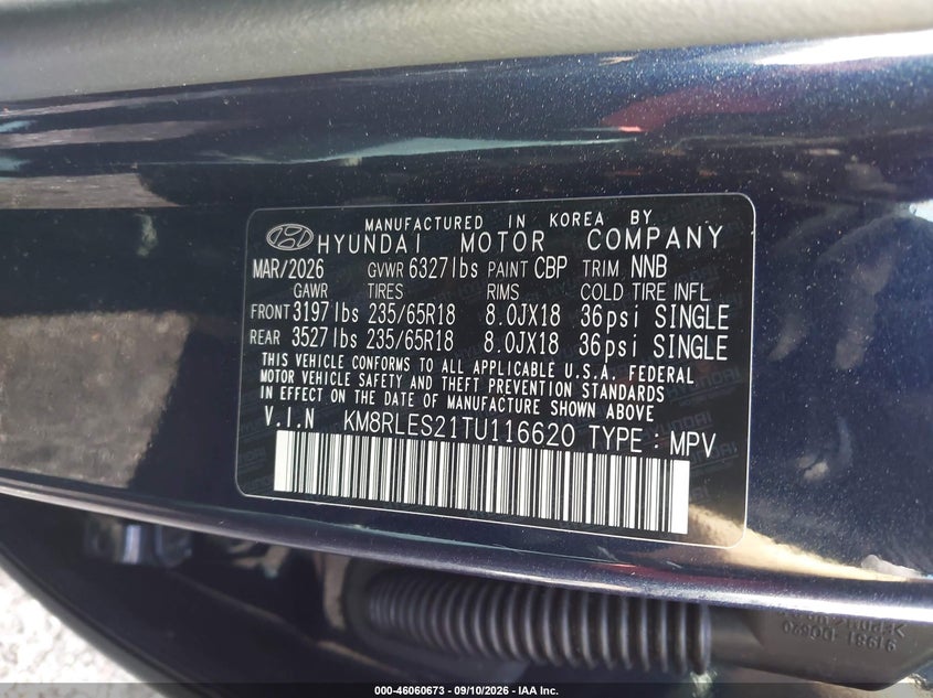 2026 Hyundai Palisade VIN KM8RLES21TU116620 IAAI salvage auction — LEFT FRONT, Salvage Title, sold $26,200 on 2026-09-15 (photo 9)