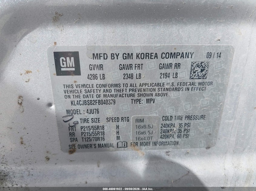 2015 Buick Encore VIN KL4CJBSB2FB040379 IAAI salvage auction — NORMAL WEAR, Clear - Dealer Only (California), sold $1,000 on 2026-09-20 (photo 9)