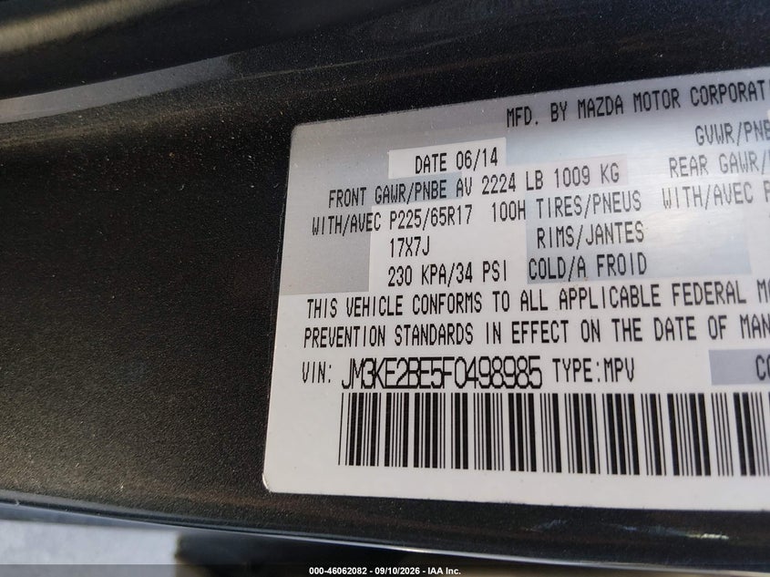 2015 Mazda Cx-5 VIN JM3KE2BE5F0498985 IAAI salvage auction — NORMAL WEAR, Original (Texas), sold $2,550 on 2026-10-05 (photo 9)
