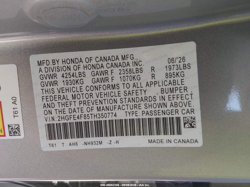 2026 Honda Civic VIN 2HGFE4F85TH350774 IAAI salvage auction — NORMAL WEAR, Enterprise Vehicles Clear Only (Texas), sold $25,200 on 2026-09-14 (photo 9)