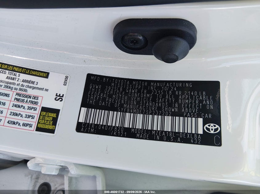 2025 Toyota Corolla VIN 5YFB4MDE7SP237202 IAAI salvage auction — Front & Rear, Salvage, sold $7,400 on 2026-10-15 (photo 9)
