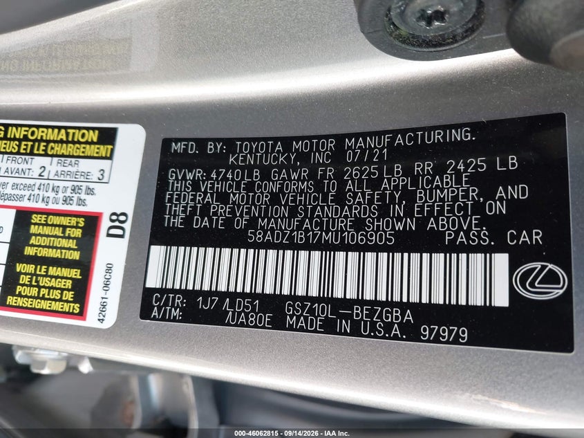 2021 Lexus ES VIN 58ADZ1B17MU106905 IAAI salvage auction — FRONT END, Salvage Title, sold $18,700 on 2026-10-16 (photo 9)