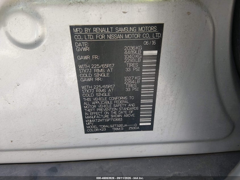 2016 Nissan Rogue VIN KNMAT2MT1GP710683 IAAI salvage auction — LEFT REAR, Salvage Title, sold $1,600 on 2026-10-10 (photo 9)
