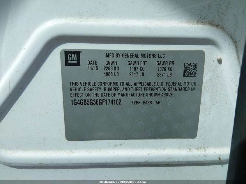 2016 Buick Lacrosse VIN 1G4GB5G38GF174102 IAAI salvage auction — VANDALISM, Salvage (Louisiana), sold $1,950 on 2026-10-03 (photo 9)