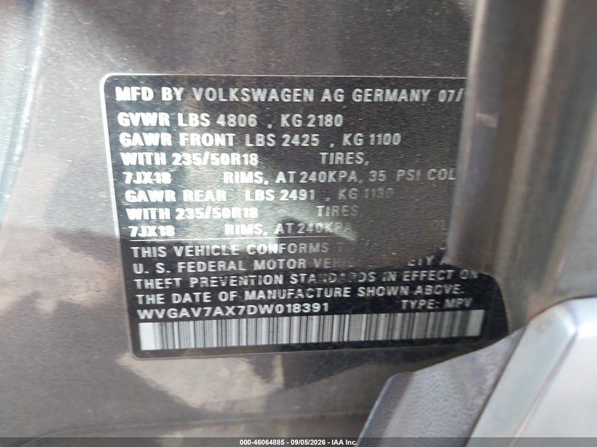 2013 Volkswagen Tiguan VIN WVGAV7AX7DW018391 IAAI salvage auction — NORMAL WEAR, Wait Title, sold $0 on 2026-09-29 (photo 9)