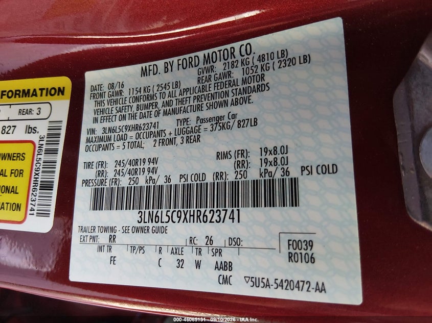 2017 Lincoln Mkz VIN 3LN6L5C9XHR623741 IAAI salvage auction — SIDE, Wait Title, sold $3,050 on 2026-10-04 (photo 9)