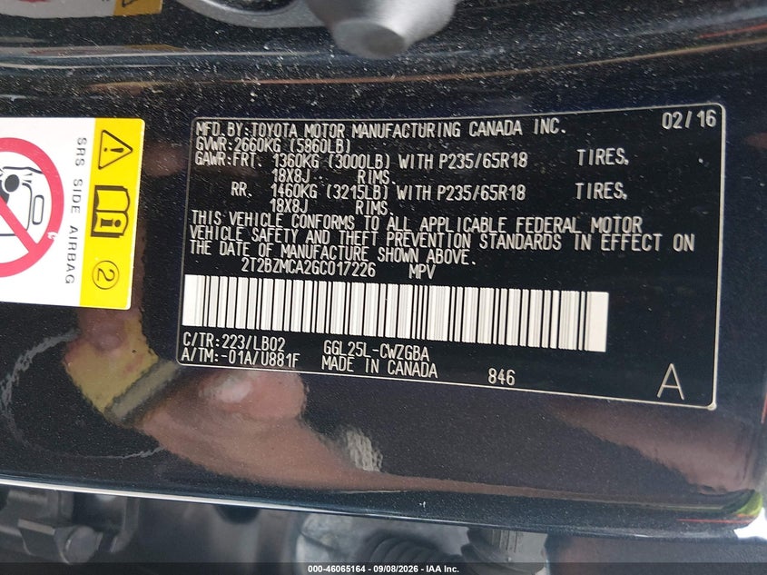 2016 Lexus Rx VIN 2T2BZMCA2GC017226 IAAI salvage auction — REAR END, Salvage - Greater Than 75% (Maryland), sold $10,500 on 2026-10-12 (photo 9)