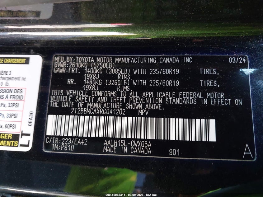 2024 Lexus Rx VIN 2T2BBMCAXRC041202 IAAI salvage auction — FRONT END, Salvage (California), sold $23,450 on 2026-09-10 (photo 9)