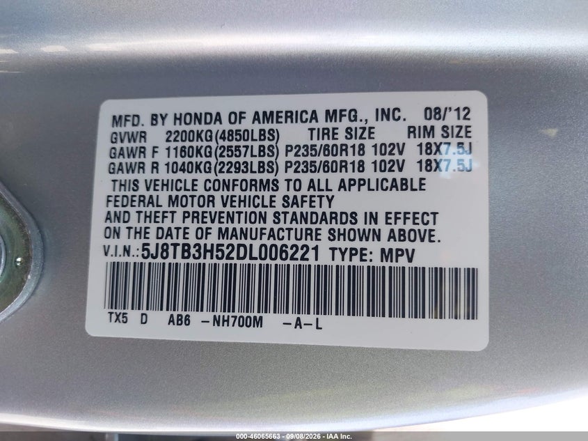 2013 Acura Rdx VIN 5J8TB3H52DL006221 IAAI salvage auction — REAR END, Bill Of Sale (Washington), sold $25 on 2026-09-27 (photo 9)