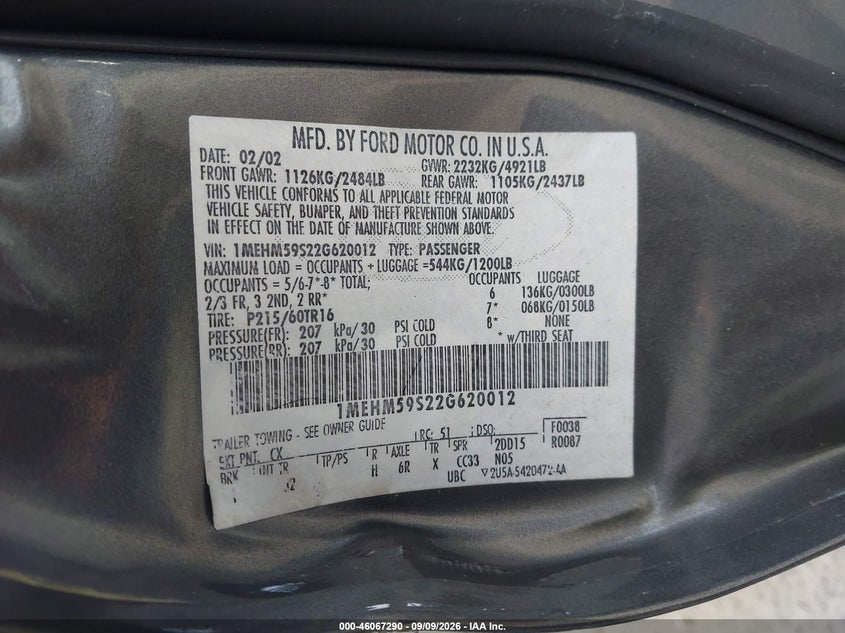 2002 Mercury Sable VIN 1MEHM59S22G620012 IAAI salvage auction — SIDE, Salvage (California), sold $200 on 2026-10-01 (photo 9)