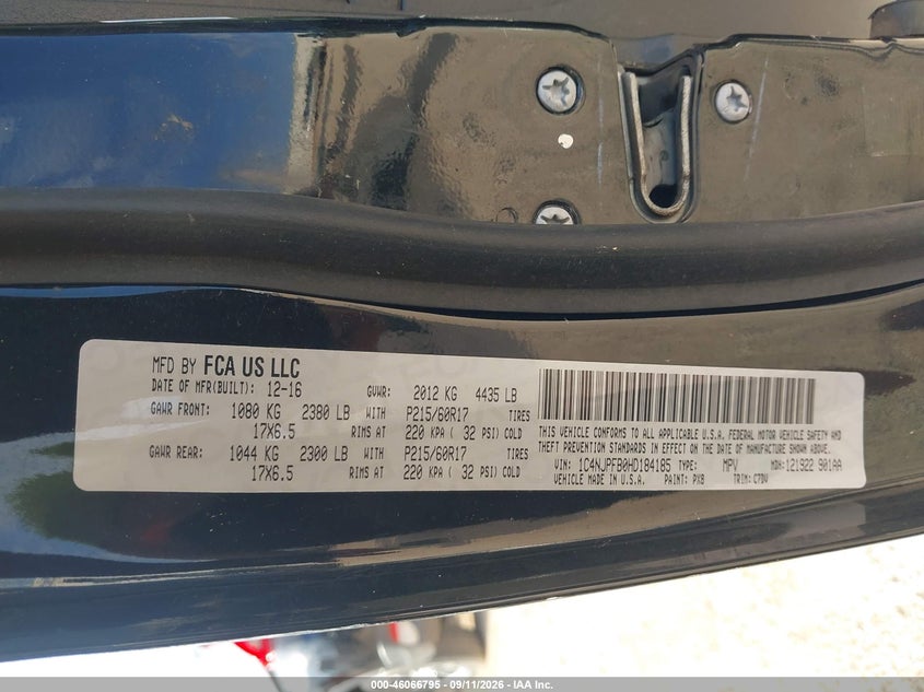 2017 Jeep Liberty (patriot) VIN 1C4NJPFB0HD184185 IAAI salvage auction — FRONT END, Original (Texas), sold $425 on 2026-09-28 (photo 9)
