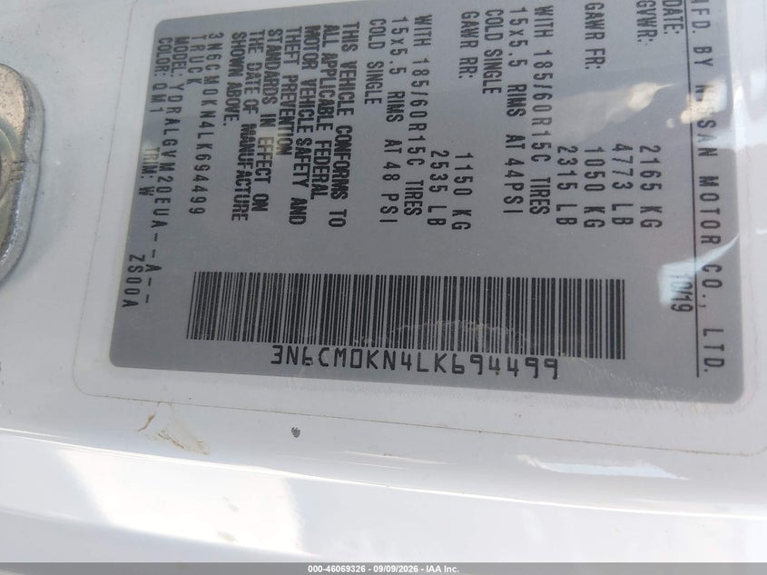 2020 Nissan VIN 3N6CM0KN4LK694499 IAAI salvage auction — NORMAL WEAR, Original (Texas), sold $0 on 2026-10-04 (photo 9)