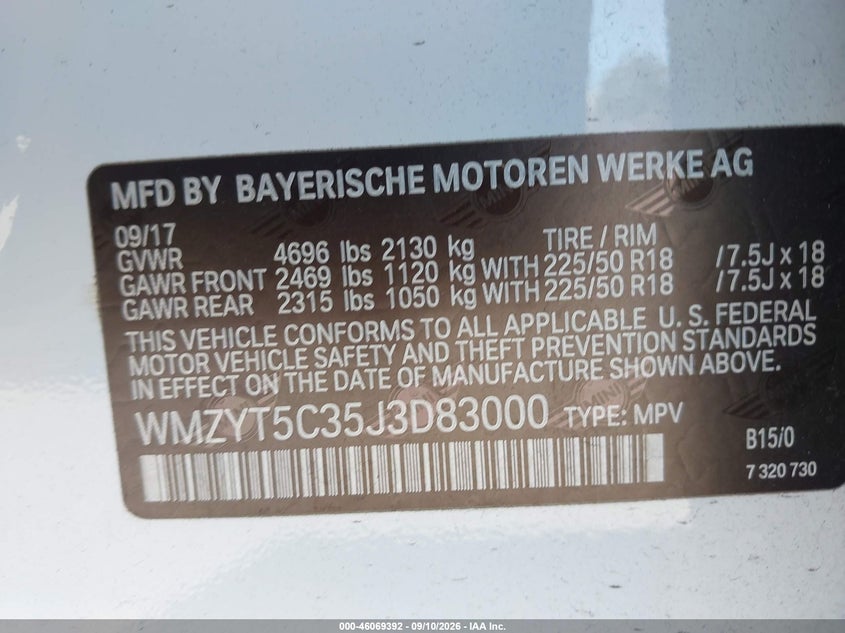 2018 Mini Countryman VIN WMZYT5C35J3D83000 IAAI salvage auction — FRONT END, Wait Title, sold $5,100 on 2026-10-02 (photo 9)
