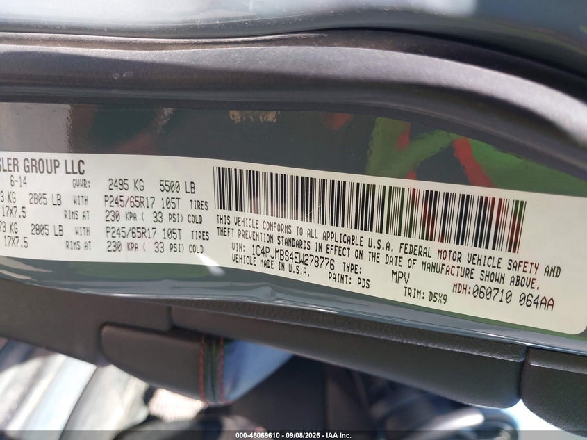 2014 Jeep Cherokee VIN 1C4PJMBS4EW278776 IAAI salvage auction — NORMAL WEAR, Salvage Title, sold $1,525 on 2026-09-13 (photo 9)