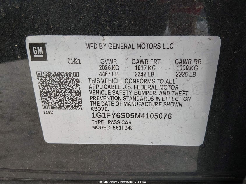 2021 Chevrolet Bolt VIN 1G1FY6S05M4105076 IAAI salvage auction — REAR END, Wait Title, sold $7,600 on 2026-10-01 (photo 9)