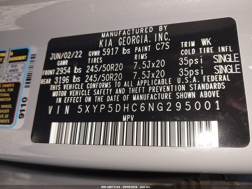 2022 Kia Telluride VIN 5XYP5DHC6NG295001 IAAI salvage auction — FRONT END, Salvage (Virginia), sold $3,200 on 2026-10-03 (photo 9)