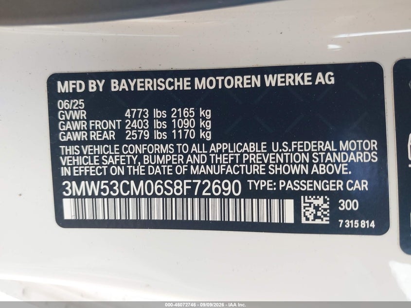 2025 BMW VIN 3MW53CM06S8F72690 IAAI salvage auction — FRONT END, Salvage (Idaho), sold $22,900 on 2026-09-28 (photo 9)