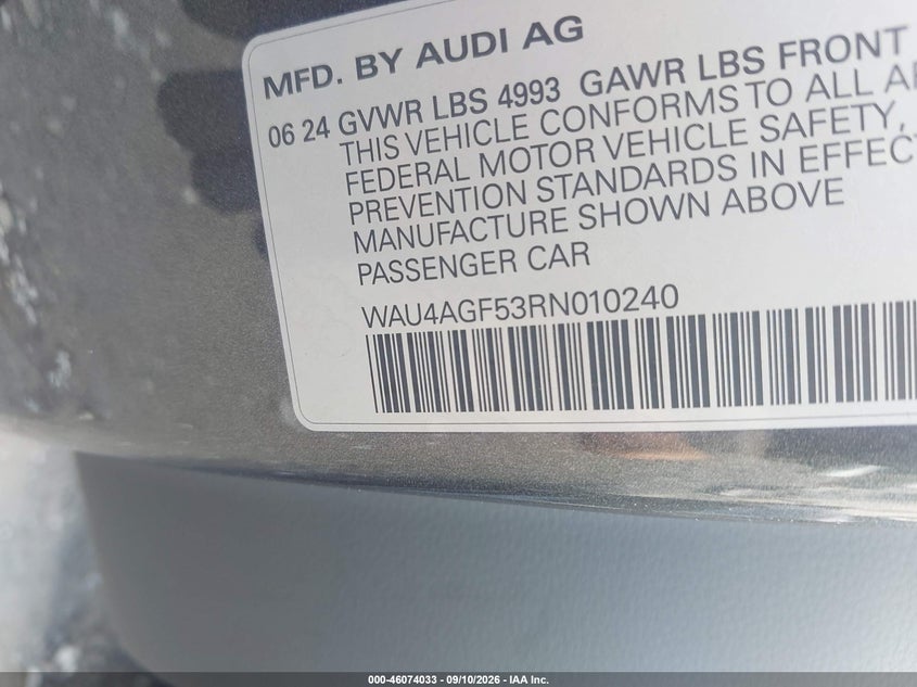 2024 Audi A5 VIN WAU4AGF53RN010240 IAAI salvage auction — FRONT & REAR, Wait Title, sold $5,350 on 2026-10-21 (photo 9)