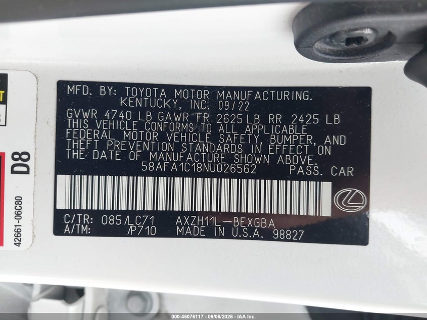 2022 Lexus ES VIN 58AFA1C18NU026562 IAAI salvage auction — SIDE, Wait Title, sold $18,900 on 2026-10-05 (photo 9)