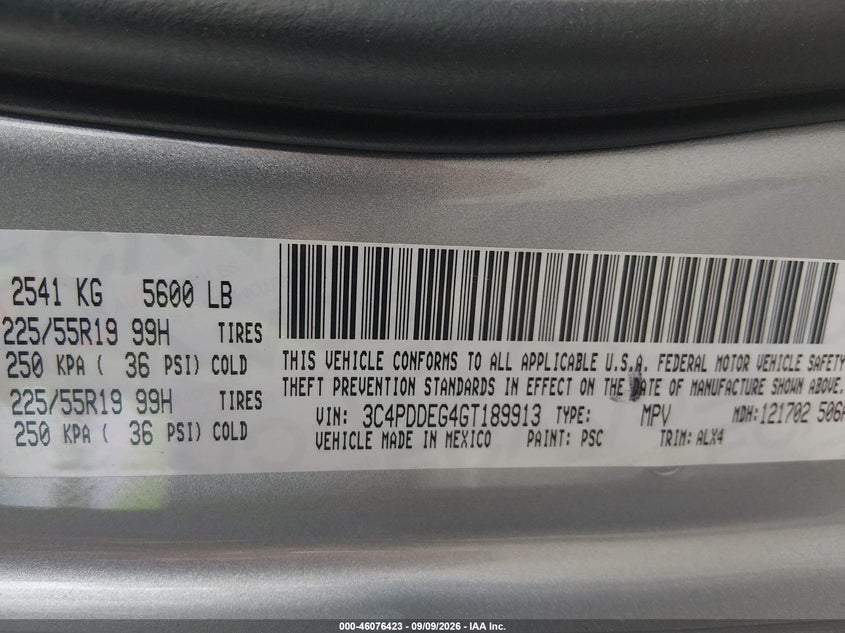 2016 Dodge Journey VIN 3C4PDDEG4GT189913 IAAI salvage auction — SIDE, Clear (New Jersey), sold $950 on 2026-09-28 (photo 9)