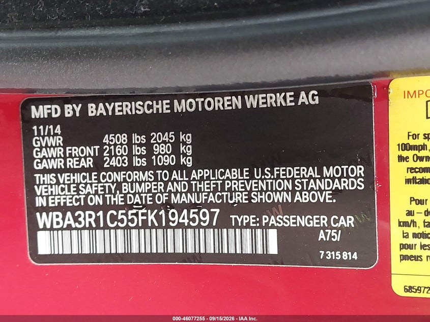 2015 BMW 4er VIN WBA3R1C55FK194597 IAAI salvage auction — SIDE, Salvage (Georgia), sold $9,000 on 2026-10-07 (photo 9)