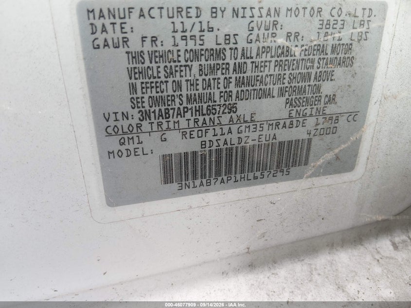 2017 Nissan Sentra VIN 3N1AB7AP1HL657295 IAAI salvage auction — NORMAL WEAR, Salvage Rebuilt (North Carolina), sold $1,100 on 2026-09-30 (photo 9)