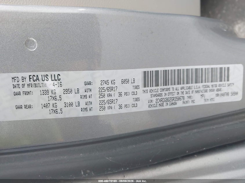2016 Dodge Caravan VIN 2C4RDGBG2GR350678 IAAI salvage auction — NORMAL WEAR, Clear (Michigan), sold $1,525 on 2026-09-15 (photo 9)