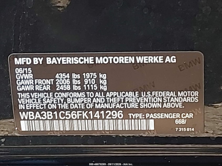 2015 BMW 3er VIN WBA3B1C56FK141296 IAAI salvage auction — LEFT FRONT, Salvage (California), sold $775 on 2026-10-06 (photo 9)