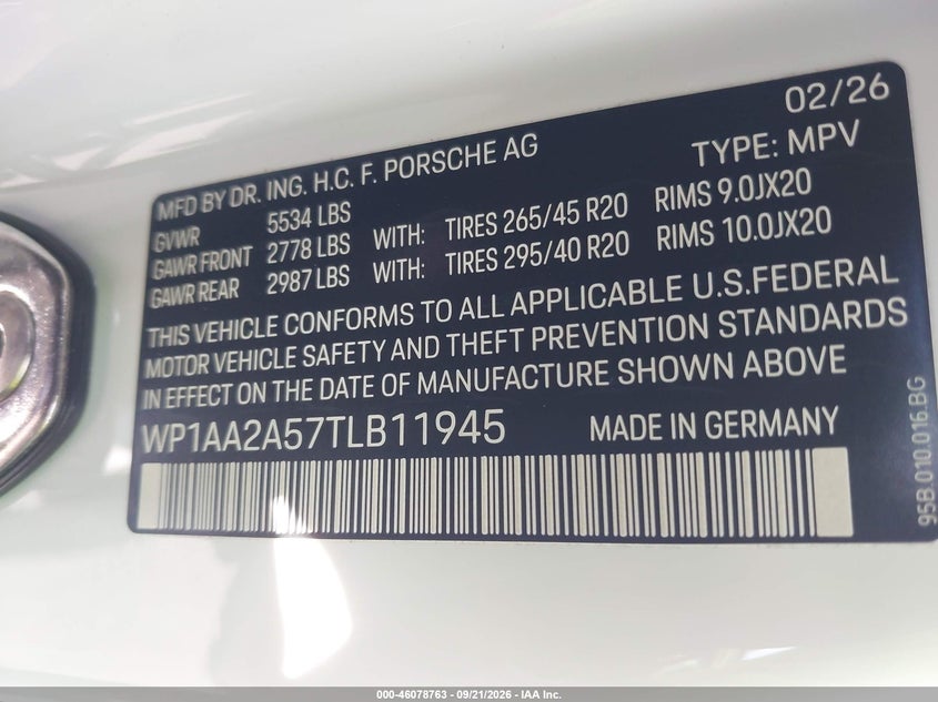 2026 Porsche Macan VIN WP1AA2A57TLB11945 IAAI salvage auction — REAR END, Wait Title, sold $33,125 on 2026-10-14 (photo 9)