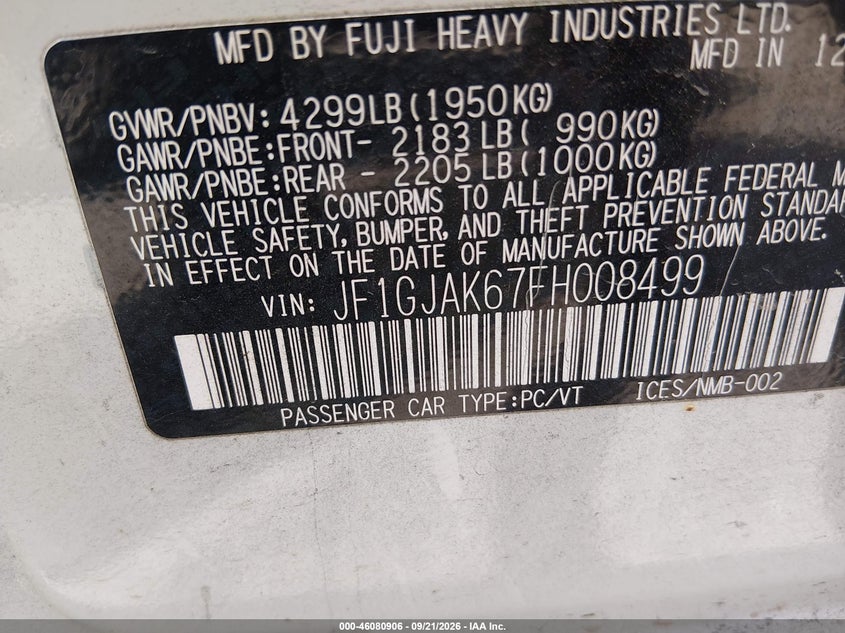 2015 Subaru Impreza VIN JF1GJAK67FH008499 IAAI salvage auction — NORMAL WEAR, Original (Texas), sold $325 on 2026-10-11 (photo 9)