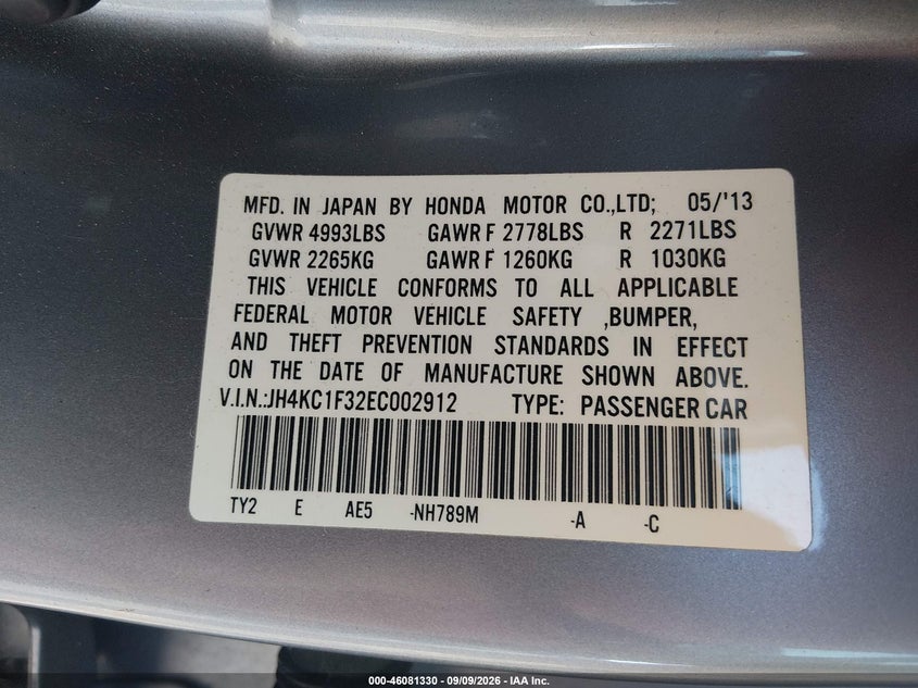 2014 Acura RLX VIN JH4KC1F32EC002912 IAAI salvage auction — NORMAL WEAR, Clear (New Jersey), sold $775 on 2026-09-26 (photo 9)