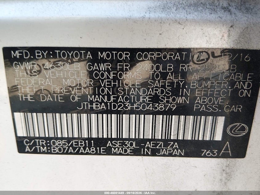 2017 Lexus Is VIN JTHBA1D23H5043879 IAAI salvage auction — LEFT FRONT, Salvage (Georgia), sold $7,050 on 2026-10-15 (photo 9)