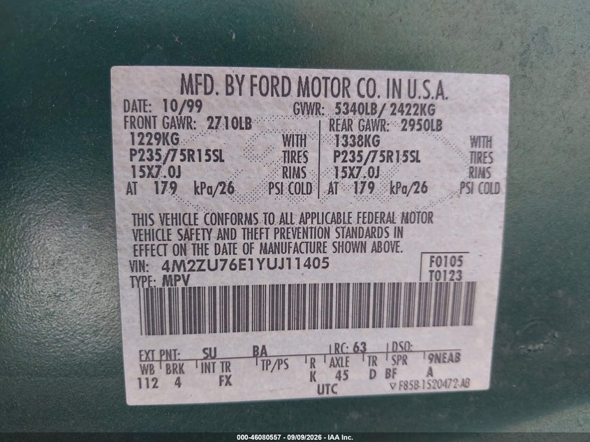 2000 Mercury Mountaineer VIN 4M2ZU76E1YUJ11405 IAAI salvage auction — NORMAL WEAR, Clear - Dealer Only (California), sold $375 on 2026-09-16 (photo 9)