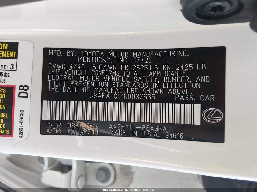 2024 Lexus ES VIN 58AFA1C11RU037635 IAAI salvage auction — REAR END, Salvage (Tennessee), sold $23,400 on 2026-10-03 (photo 9)