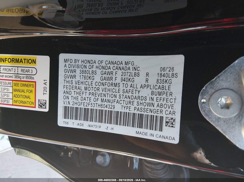 2026 Honda Civic VIN 2HGFE2F53TH604329 IAAI salvage auction — NORMAL WEAR, Enterprise Vehicles Clear Only (Texas), sold $22,400 on 2026-09-14 (photo 9)
