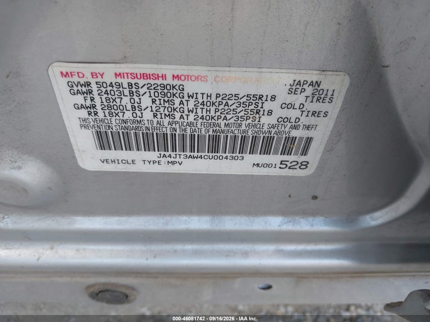 2012 Mitsubishi Outlander VIN JA4JT3AW4CU004303 IAAI salvage auction — FRONT END, Clear (Virginia), sold $25 on 2026-10-03 (photo 9)