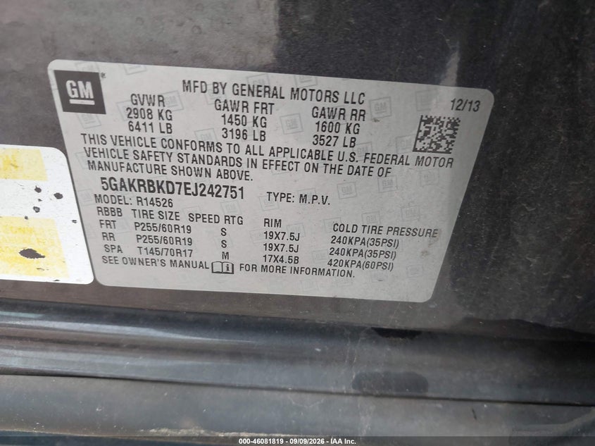 2014 Buick Enclave VIN 5GAKRBKD7EJ242751 IAAI salvage auction — NORMAL WEAR, Clear (Rhode Island), sold $725 on 2026-10-01 (photo 9)