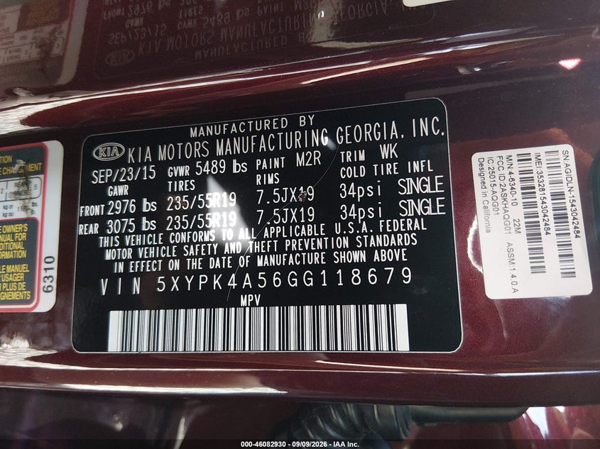 2016 Kia Sorento VIN 5XYPK4A56GG118679 IAAI salvage auction — FRONT END, Salvage (South Carolina), sold $1,900 on 2026-10-07 (photo 9)