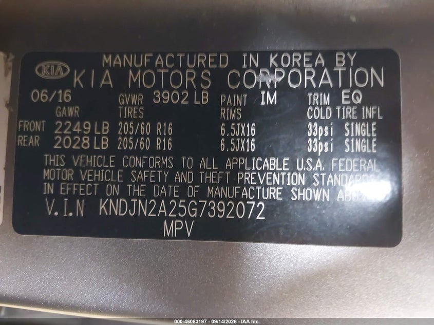 2016 Kia Soul VIN KNDJN2A25G7392072 IAAI salvage auction — NORMAL WEAR, Salvage Title, sold $1,150 on 2026-10-06 (photo 9)