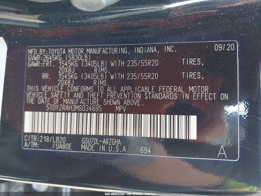 2021 Toyota Highlander VIN 5TDYZRAH3MS034695 IAAI salvage auction — LEFT FRONT, Wait Title, sold $10,600 on 2026-10-12 (photo 9)