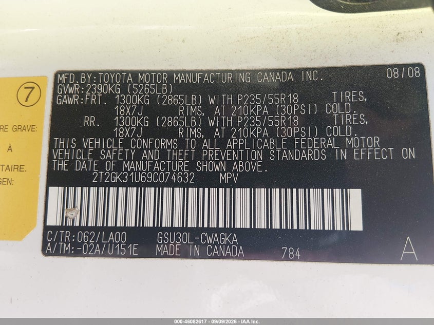 2009 Lexus Rx 350 VIN 2T2GK31U69C074632 IAAI salvage auction — NORMAL WEAR, Clear (New Mexico), sold $250 on 2026-10-04 (photo 9)